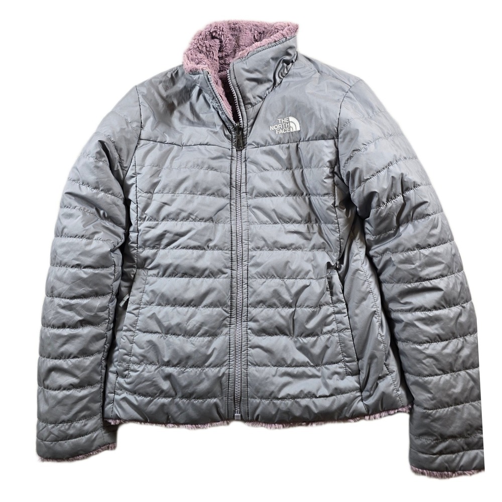 The North Face Reversible Jacket Girls Medium 10/12 Grey Purple Mossbud Swirl
